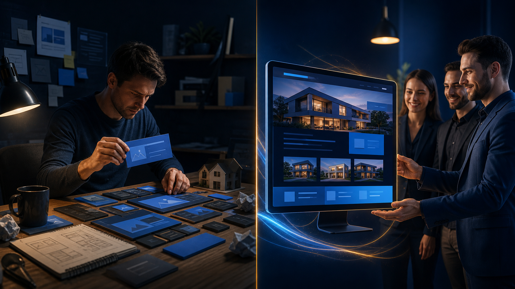 A split-screen concept showing a do-it-yourself website build on the left and a done-for-you build handed over by a professional team on the right